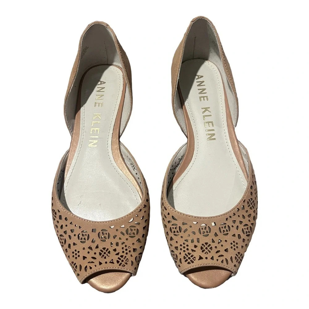 Anne Klein Suede Tan Peep Toe Flats